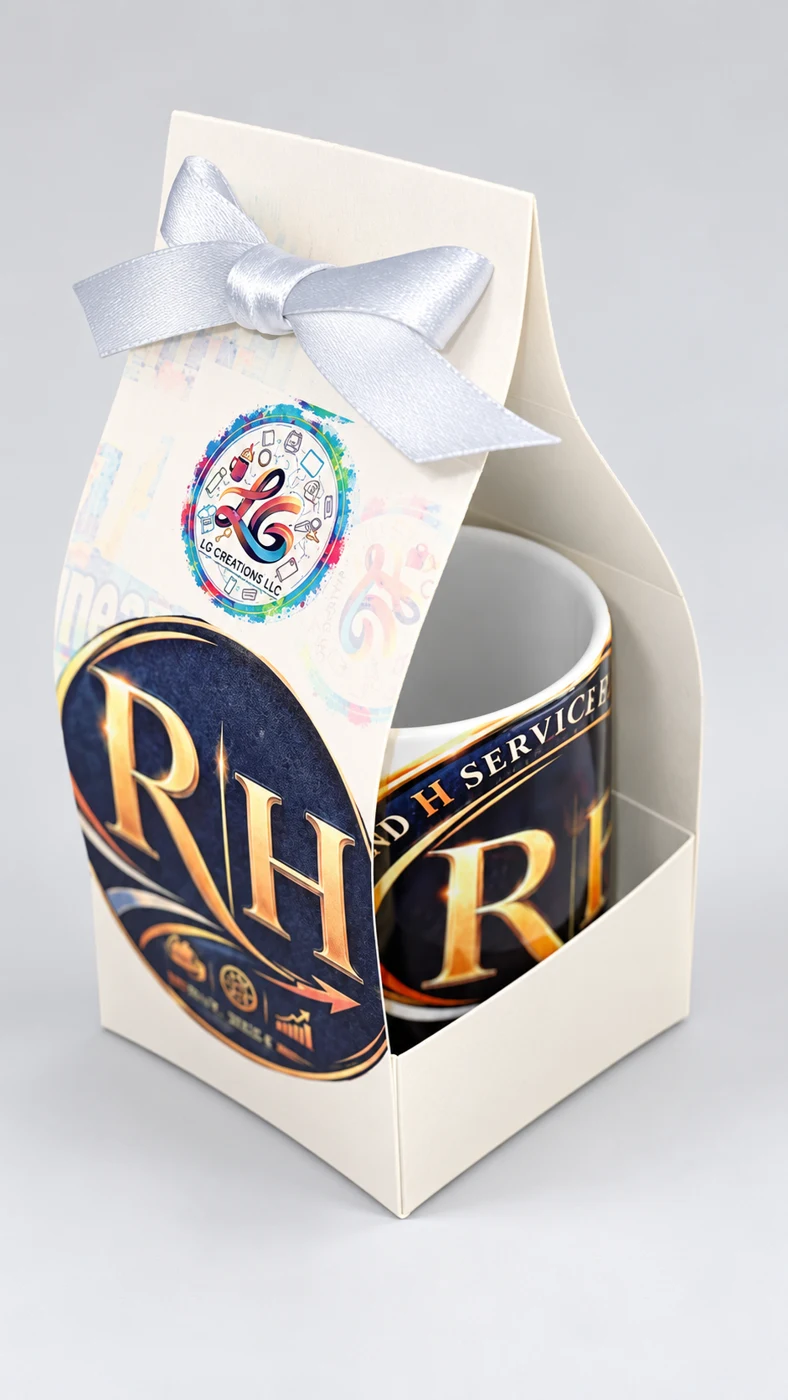 Taza personalizada por LG Creations con empaque y lazo blanco